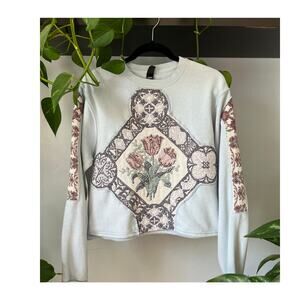 Upcycled tapestry tulip crewneck, cropped, reworked front and sleeves Med